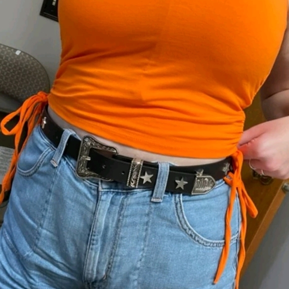 Western boho silver buckle black faux leather star studs waist belt - Picture 13 of 14